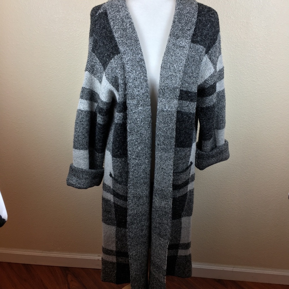 Cyrus Plush Plaid Open Front Cardigan Shacket Sweater Coat Pockets Longline SZ L